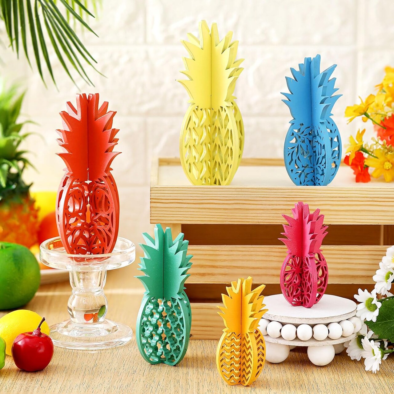 6 Pcs Summer Pineapple Table Decorations Pineapple Centerpiece Wooden Hawaii Luau Party Decorations Pineapple Tabletop Decor 3D Summer Table Sign for Luau Tropical Party Favors, 6 Styles